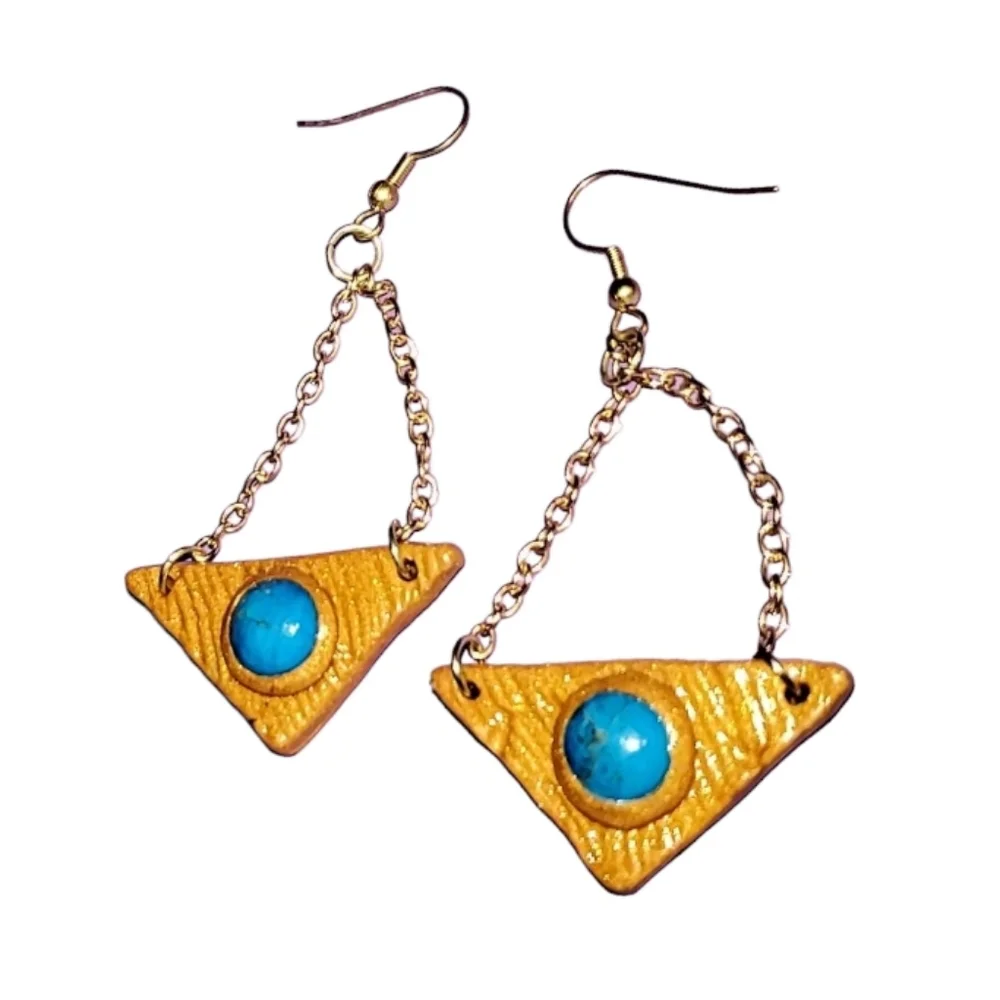 Woodgrain Triangle Pierced Earrings with Tourquoise Blue Center on Golden Chains
